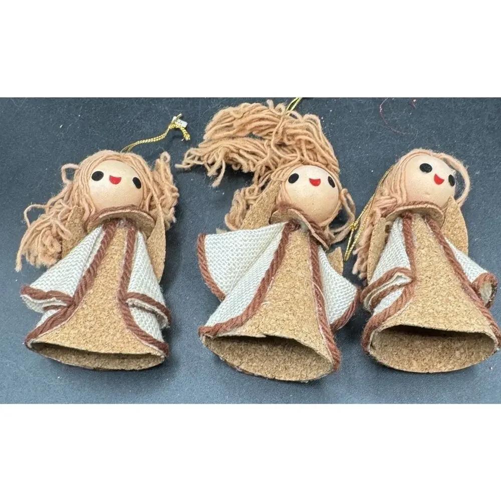 3 Vtg 1960’s Burlap Angels Christmas Tree Ornaments Brown Made in Japan -S1J
